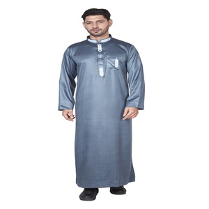 Qamis Homme Bleu Teal Vintage d'été à manches longues, longueur au sol, col montant, en polyester, tenue de prière Moyen-Orient, coupe classique, pour l'Aïd et le Ramadan - Product Image 1