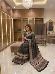 Sari traditionnel en soie noire avec motif géométrique pour femme, tenue de mariage, style Inde Pakistan, longueur au sol, coupe classique - Product Image 4