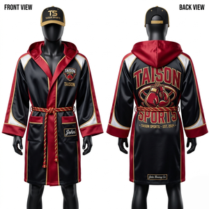 Premium 220 GSM Satin Boxing Robe Black Red Gold Panel Design Custom Embroidery Logo Hooded Belted - Product Image 1