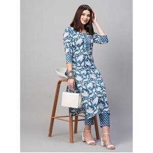 Designer Women's Cotton <b>Blend</b> Digital Print Work Top and Pant Set in Blue - Product Image 1