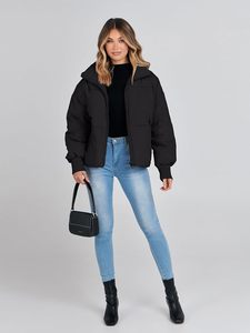 Chaqueta Acolchada con Capucha para Mujer, Cierre de Cremallera, Manga Larga, Abrigo Cálido de Invierno, Color Sólido, Material de Poliéster - Product Image 3
