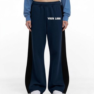 Women Navy Blue Wide Leg <b>Pants</b> High Waist Elastic Drawstring Loose Fit Casual Lounge Trousers Side Stripe Knitted Spandex Cotton - Product Image 1
