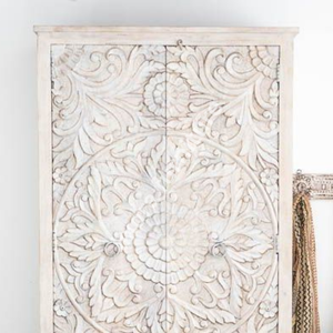 Luxury Handcrafted Solid Wood 2 Door <b>Wardrobe</b> Ornate Botanical Mandala Carving White Distressed Finish - Product Image 4