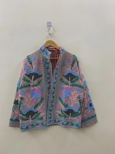Chaqueta de terciopelo bordada a mano Suzani Floral abrigo de Bombardero a medida con cuello relleno de algodón Procesamiento de punto de cuero de pescado de invierno - Product Image 2