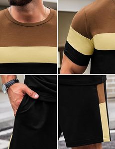 Conjunto deportivo de verano para hombre, camiseta de manga corta con bloques de color y pantalones cortos, conjunto de 2 piezas, informal, atlético, deportivo. - Product Image 5