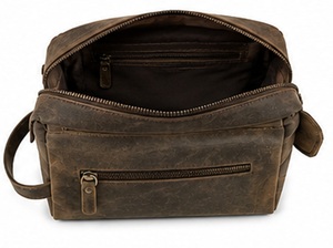 Gravs Premium Genuine Leather Vintage Travel <b>Bag</b> Zipper Hanging Logo Large Capacity Eco-Friendly Soft Handle Dopp <b>Kit</b> Cosmetic - Product Image 4