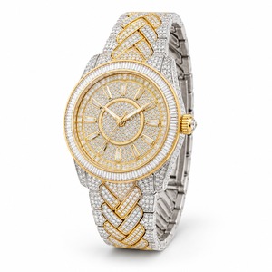 Luxury Women's Diamond Watch Round Case Quartz Stainless Steel Bracelet Yellow Gold Band Analog Dial - Product Image 1