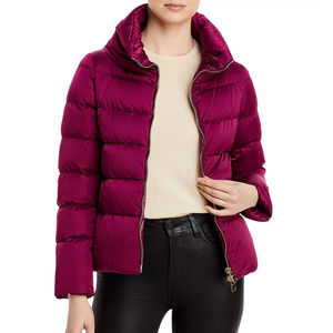 Women's Burgundy Quilted Puffer Jacket Full Sleeve <b>Stand</b> Collar Zipper Closure Solid Color Winter Outerwear Short Length - Product Image 1