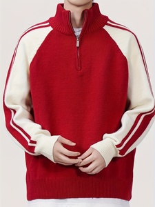 Pull en maille rouge pour homme, col montant, coupe classique, couleur unie, style sportif, idéal pour l'hiver - Product Image 3
