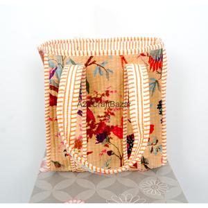 Grand sac fourre-tout indien en coton matelassé en velours, fait main, rayé, avec poignée, pour le shopping - Product Image 6
