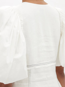 Robe en lin pour filles, vêtements élégants, personnalisés, manches bouffantes, boutons, mini-robe décontractée pour femmes - Product Image 4