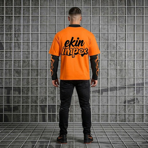 2025 New Trending Y2K Streetwear Oversized Boxy Fit Two Piece Long Sleeve T <b>Shirt</b> Custom Logo <b>Flame</b> Print Orange Black Unisex - Product Image 4