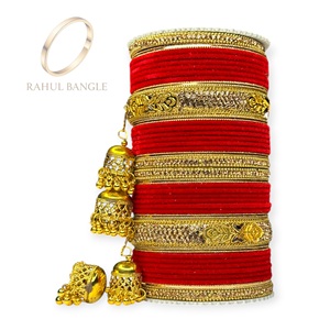 Luxury Punjabi Fashionable Bridal Bangle Set with <b>Red</b> Velvet Bangles Golden Kundan Work and Traditional Kalire Wholesale Price - Product Image 1