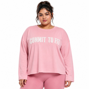 Women's Long Sleeve Fitness T-Shirt <b>Distressed</b> Embroidered Boxy Tee Cotton Polyester Gym <b>Top</b> Plus Size Women's Workout T Shirt - Product Image 1