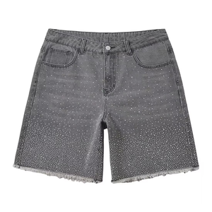 Shorts en jean taille haute pour homme, style streetwear décontracté, coupe courte, 100 % coton respirant, avec décoration en strass - Product Image 1