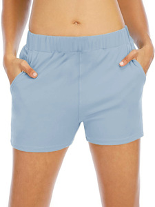 Shorts en tricot bleu clair pour femmes, taille haute, avec poches, respirants, taille élastique, shorts de sport décontractés - Product Image 1