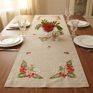 Wholesale Customized Vintage Natural Linen <b>Table</b> <b>Runners</b> Embroidered Rowanberry Washable Durable for Wedding Restaurant Events - Product Image 1
