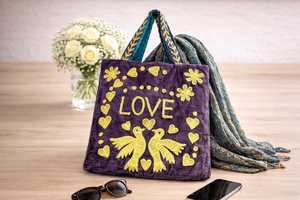Jaif Textiles Embroidered Velvet Tote <b>Bag</b> Suzani Style <b>Boho</b> Shoulder <b>Bag</b> Love Birds Floral Design Cotton Lining Open Closure - Product Image 4