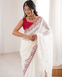 Sari de fête KV traditionnel en rayonne georgette blanc brodé, réversible, infroissable, séchage rapide, travail artisanal lourd, avec chemisier non cousu pour - Product Image 3