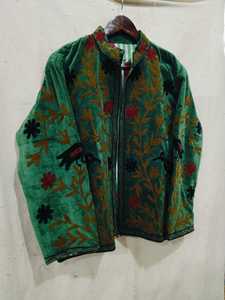Veste en velours vert à col mandarin, broderie florale à la main, motif d'oiseaux, manches longues, fermeture éclair, vêtement d'automne - Product Image 2