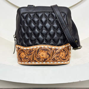 New Western Fashion Hand Tooled Leather Women Diamond Lattice Quilted Leather Zipper Crossbody Bag Luxury Designer Shoulder Bags - Product Image 4