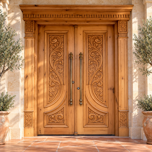 Porte d'entrée principale double en bois massif de style artisanal avec panneau décoratif sculpté et mouluré GA-48S - Product Image 1