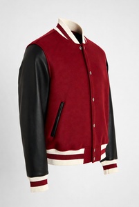 Eco Friendly Custom Embroidered Sustainable Varsity <b>Jacket</b> Green Wool Blend Brown <b>Leather</b> Sleeves Striped Rib Unisex - Product Image 4