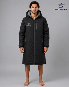 Unisex Custom Brand Logos Waterproof Swim Parka <b>Jacket</b> <b>Long</b> Hooded Fleece Lined Changing Robe for Swimming - Product Image 1
