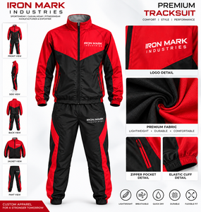 ชุดวอร์มผู้ชายสีแดงดำ แบรนด์ IRON MARK INDUSTRIES รุ่น Color Blocking สำหรับฤดูร้อน เป็นมิตรต่อสิ่งแวดล้อม เนื้อผ้าระบายอากาศได้ดี แห้งเร็ว สวมใส่สบาย - Product Image 1