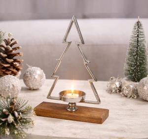 Modern Minimalist Silver Metal Christmas <b>Tree</b> Candle Holder With Mango Wood Base Handcrafted Festive <b>Tabletop</b> Centerpiece - Product Image 6