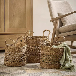 Ensemble de 3 paniers ronds en jonc de mer tressé à la main, paniers de rangement, vente en gros, écologiques, fabriqués au Vietnam - Product Image 1