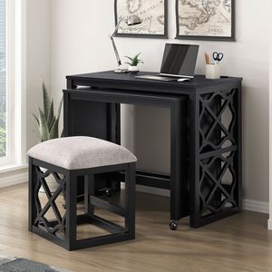 3-Piece Black Finish Rolling <b>Desk</b> <b>Set</b> with Casters 2 Charging Ports Home Office Furniture-Computer <b>Desks</b> - Product Image 2