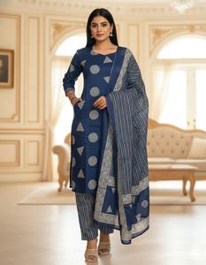 ชุดเซ็ตสามชิ้นผ้าฝ้ายเซรามิกสำหรับผู้หญิง 60-60 ลายพิมพ์แบบดั้งเดิมสำหรับงานปาร์ตี้ เสื้อคุर्ตา กางเกงขายาว ผ้าคลุมไหล่ สไตล์ลำลอง ชุดพื้นเมือง คุณภาพส่งออก - Product Image 2