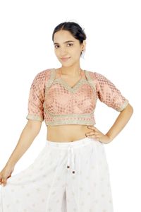 Blusa Rosa Tejida Lavable Bordada para Mujer, Cuello en V, Manga Corta, Top Corto para Lehenga Saree - Product Image 2