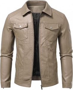Veste en cuir PU pour homme, coupe slim décontractée, col rabattu, fermeture éclair, couleur unie, vêtement d'automne - Product Image 1