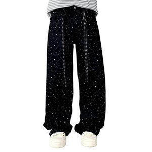 Trsousers Sweat à capuche et jean ample style baggy, décoré de strass, confortable, style américain, tendance urbaine, de marque - Product Image 1