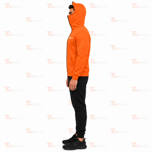 Sweat-shirt à capuche zippé intégral orange pour homme, coupe classique, en molleton de coton, avec poche avant, style décontracté pour l'automne, fermeture éclair intégrale. - Product Image 3