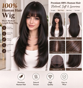 Peluca de Cabello Humano 100% para Mujer, Peluca Negra Larga y Lisa con Flequillo, Cabello de Aspecto Natural en Capas para Uso Diario y Fiestas - Product Image 6