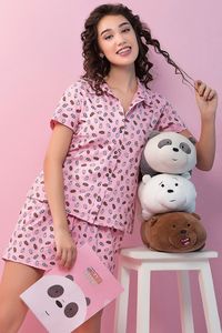 Ensemble pyjama en coton imprimé dessin animé rose pour femme, chemise à manches courtes et short, coupe régulière, respirant, tricoté, décontracté - Product Image 4