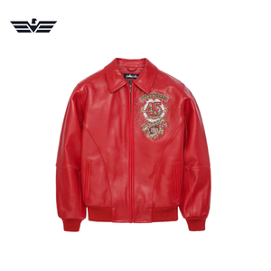 Blouson universitaire rouge en cuir PU pour homme avec logo brodé, fermeture éclair, col montant, coupe-vent, idéal pour l'hiver - Product Image 2