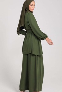 Ensemble 2 pièces vert olive pour femme : Tunique à manches longues et pantalon large décontracté, coupe ample et respirante - Product Image 2