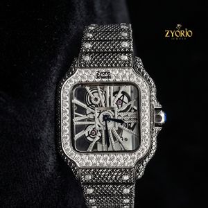 Luxury Iced <b>Skeleton</b> ETA <b>Automatic</b> <b>Watch</b> Roman Numeral Black White Moissanite Diamond Square Stainless Steel Bracelet Mens <b>Watch</b> - Product Image 5