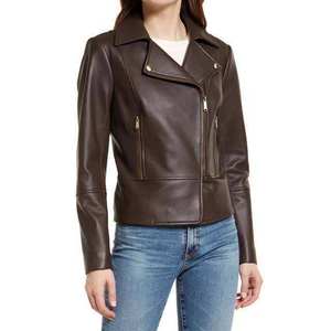 Chaqueta de moto de cuero genuino para mujer, manga larga, cierre de cremallera, cuello vuelto, color sólido, estilo otoñal - Product Image 4