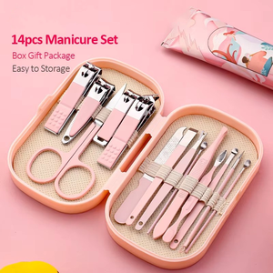 Juego de Manicura y Pedicura de Lujo de 14 Piezas, Color Rosa y Azul, Acero Inoxidable, Tijeras para Uñas, Limpiador de Oídos para Hombres y Mujeres - Product Image 2