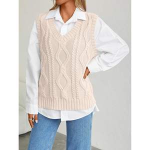 Custom Queen Oversized V-Neck Cable <b>Knit</b> Pullover <b>for</b> <b>Women</b> Casual Queen <b>Waistcoat</b> with Sleeveless Design - Product Image 6