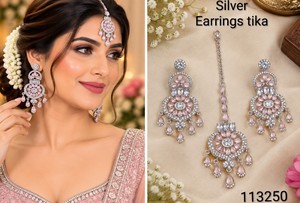 Boucles d'oreilles classiques plaquées argent, serties de pierres Kundan, design Paisley, haute qualité, pour femmes, bijoux de mariage - Product Image 4