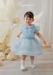 Vestido de niña de las flores de satén azul Rosella, cuello redondo, largo hasta la rodilla, manga corta, con cuentas, Chaiko House - Product Image 5