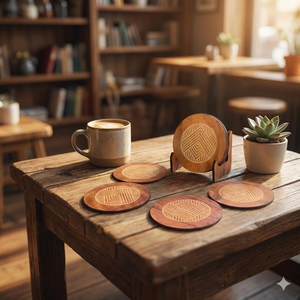 Wooden Coasters Set of 6 with Holder <b>Stand</b> for Tea Coffee Cups Round <b>Drink</b> Coaster Set for Dining Table Protection - Product Image 2