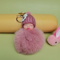 Porte-clés en peluche 8 cm, boule de fourrure, jouet bébé endormi mignon, pompon en fourrure de lapin, porte-clés bébé, breloque de sac moelleuse