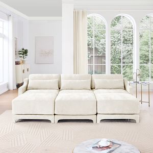 Divano a Tre Posti in Tessuto Chenille di Alta Qualità con 3 Pouf Mobili, Cuscino Lombare, Design Ergonomico e Base in Legno per Soggiorno - Product Image 2